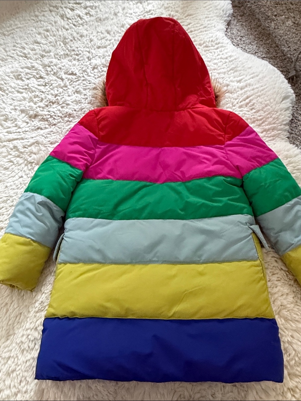 Mini Boden Bright Multicolor Striped Hooded Puffer Coat with Faux Fur Trim - Picture 7 of 7